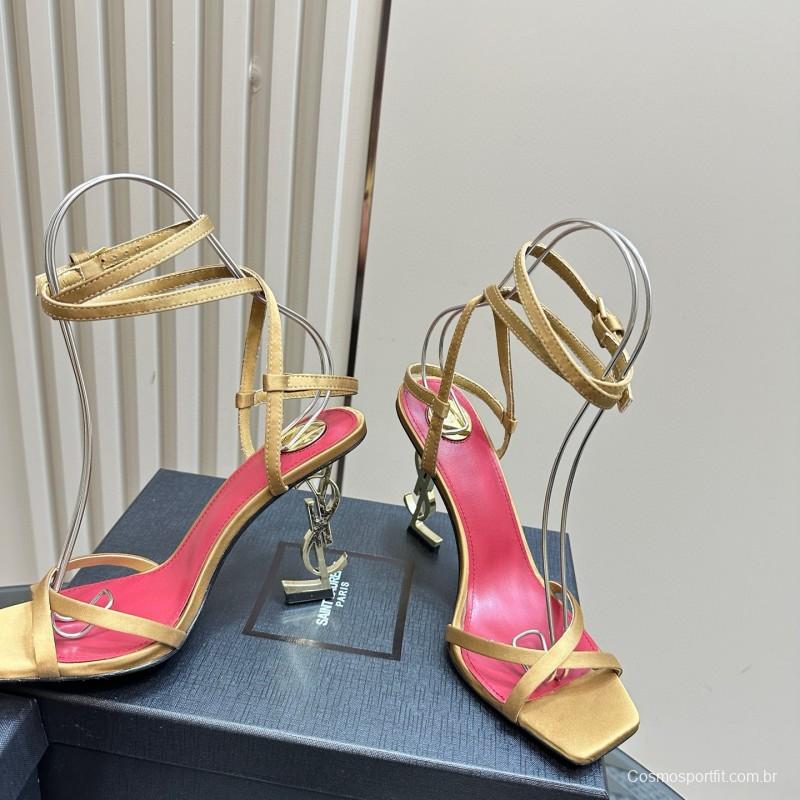 2025 Women Yves Saint Laurent Yellow Silk Strappy Heels